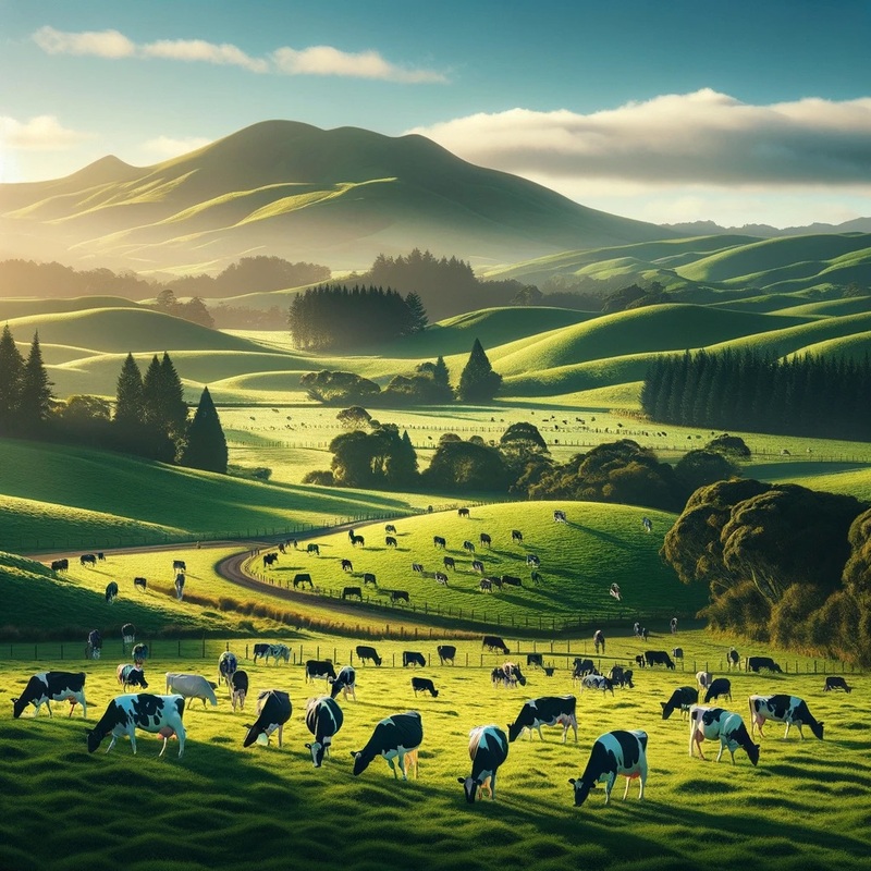 Green hills covered with lush pasture representing dairy in New Zealand